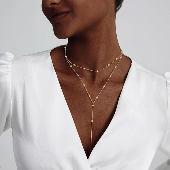 Jewelry Y Layered Silver Women Dainty Pearl Choker Earring Bracelet Wedding Gift - Picture 2 of 7